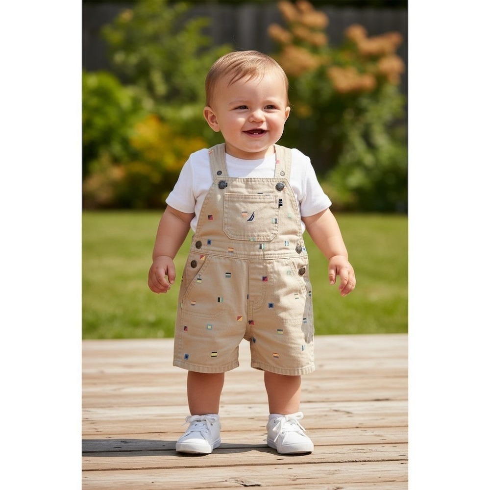 Nautica Baby Boys Khaki Flag Print Shortalls Overall Shorts‎ 12M Sailboat preppy
